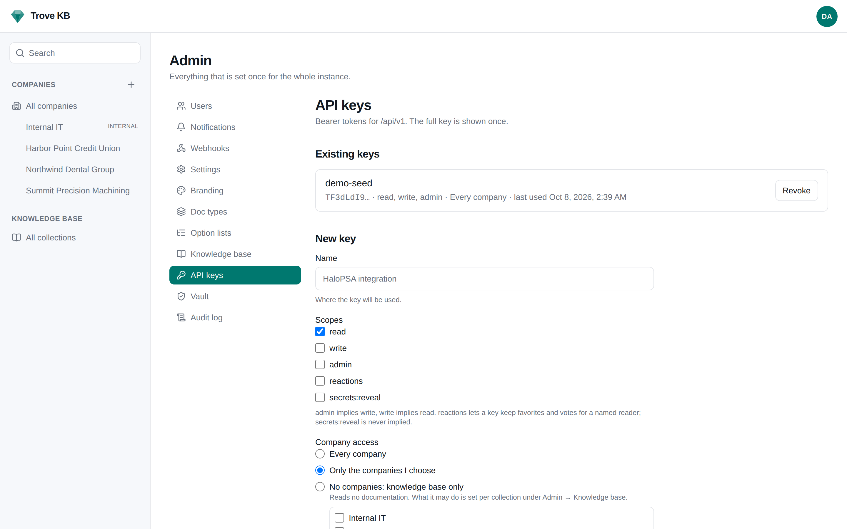 Admin → API keys, creating a key with read scope for every company