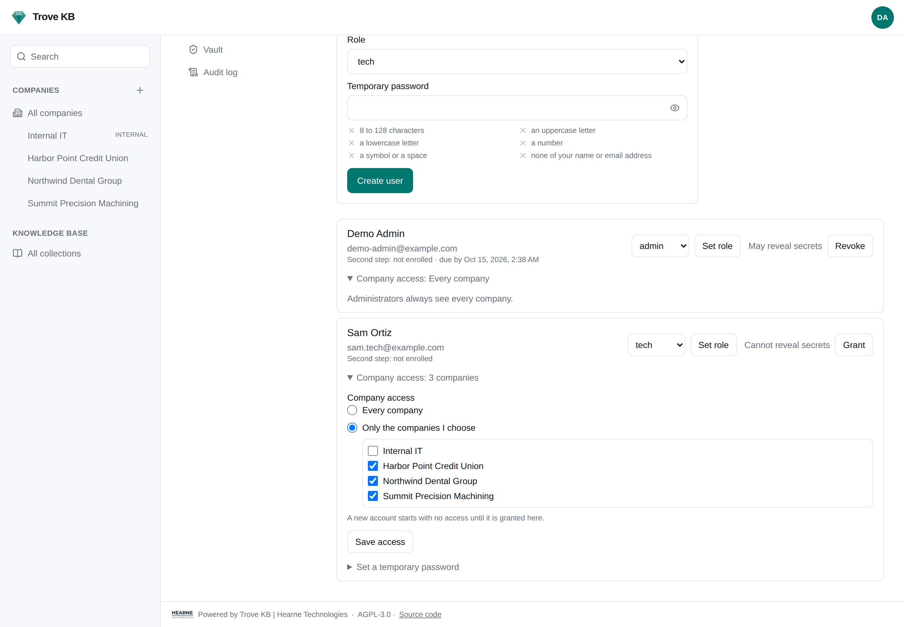 Admin → Users, a tech account granted three of the instance's companies