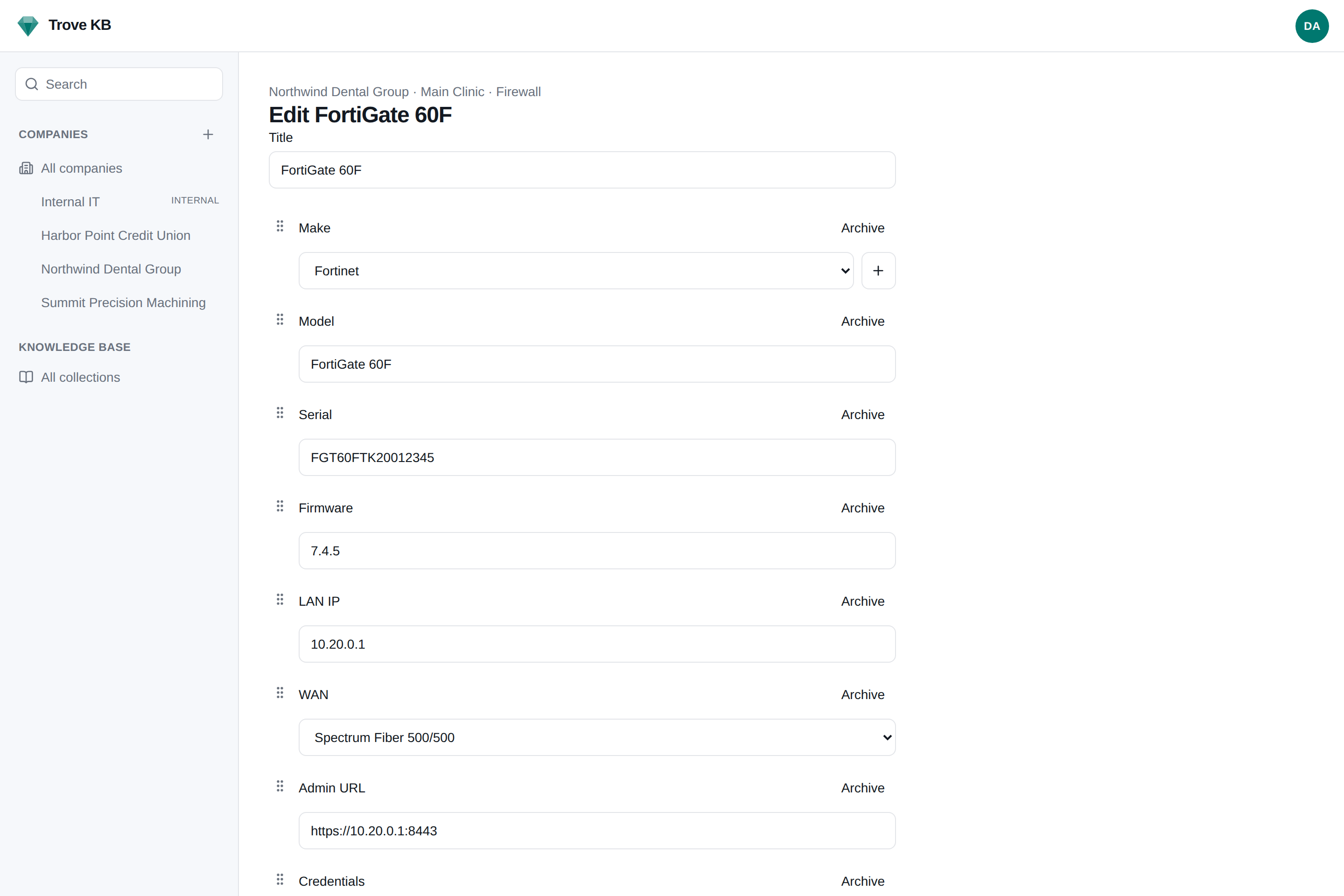 A Firewall document in Trove KB, in edit mode, with a dropdown's add-option control open