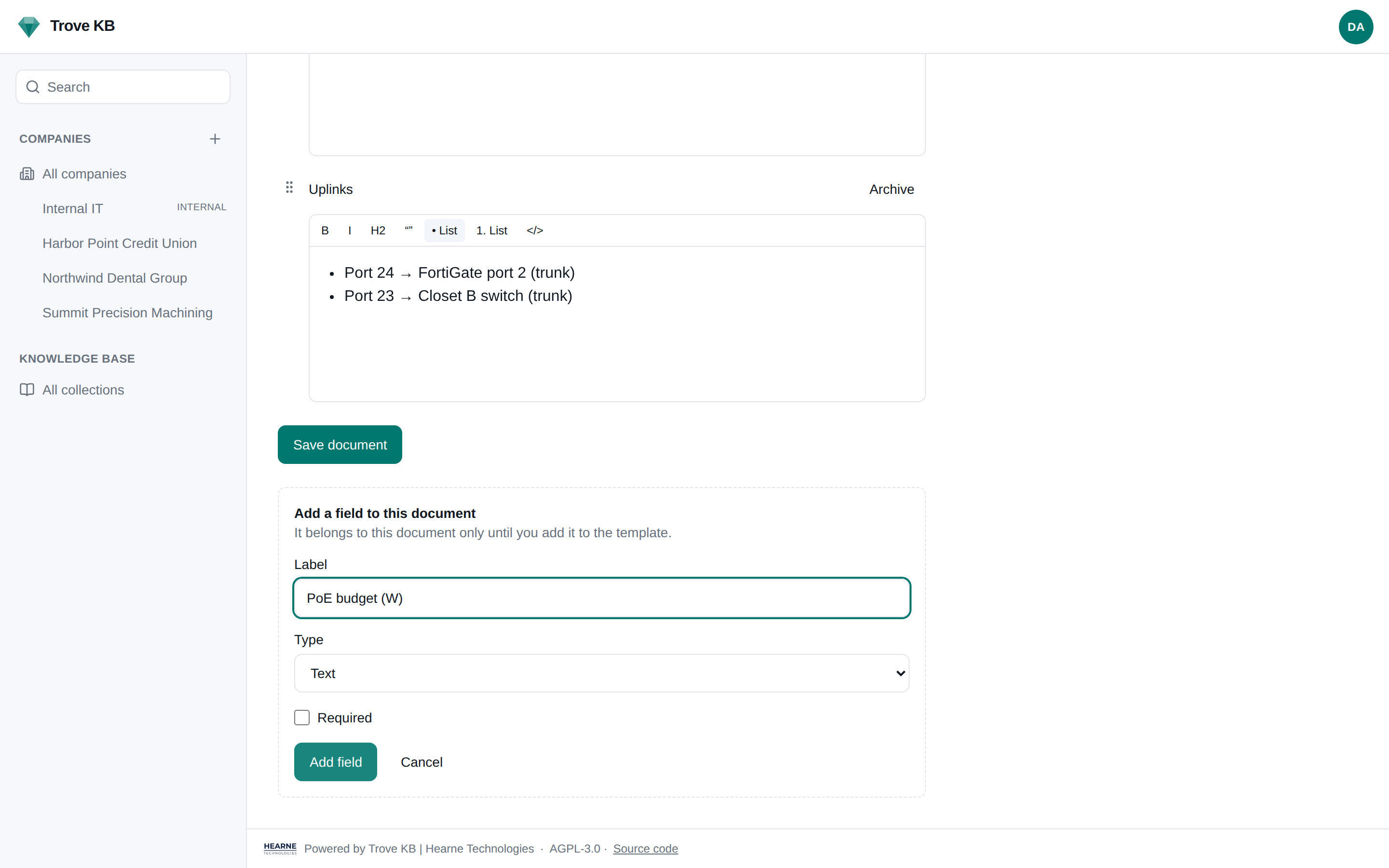 Edit mode on a Switch document, adding a local field named PoE Budget