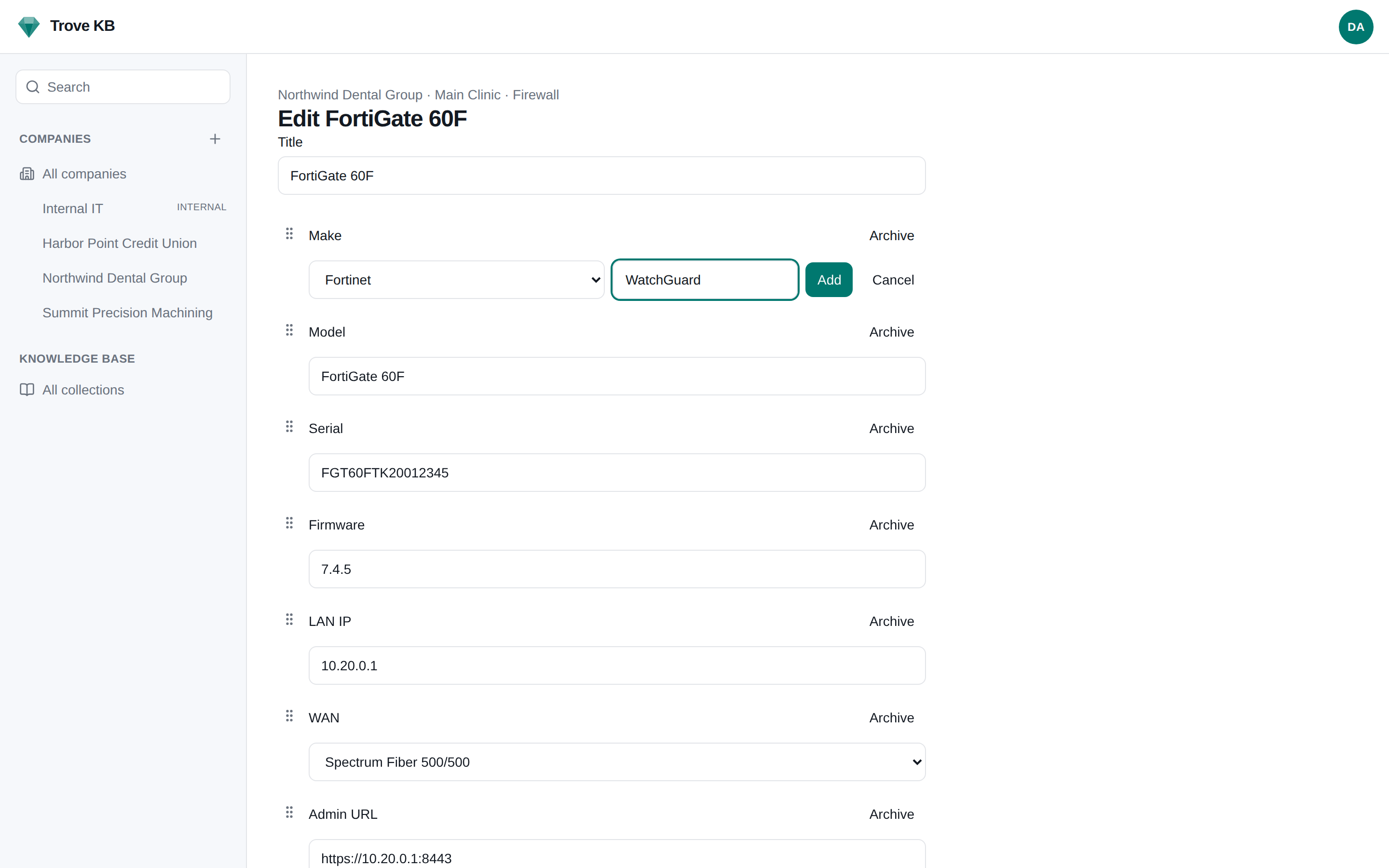 A dropdown with the add-option control open, typing a new firewall vendor