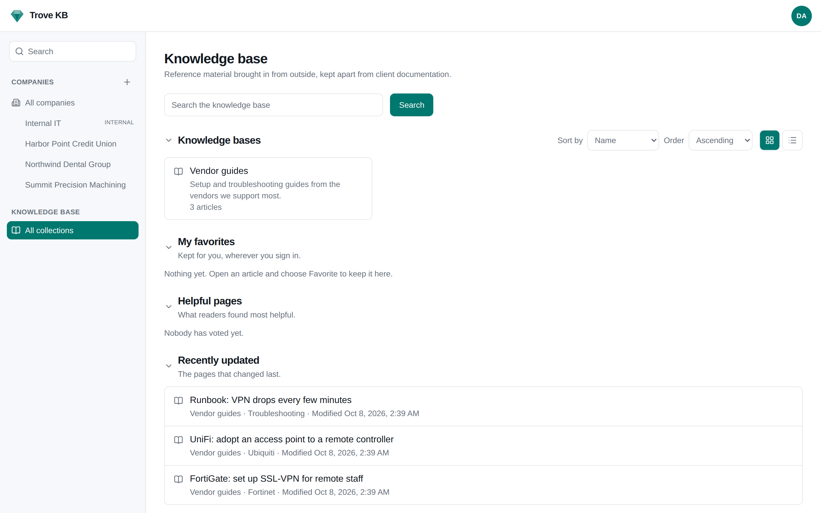 The knowledge base index listing collections with article counts and categories